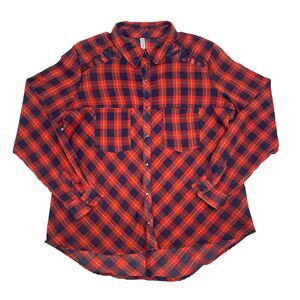 Free People Top Medium Orange Blue Plaid Snap‎ Button Front Relaxed Sheer Hi Low